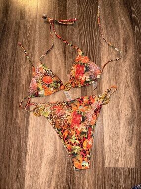 Floral Leopard Print Triangle Bikini Set - Orange Multi